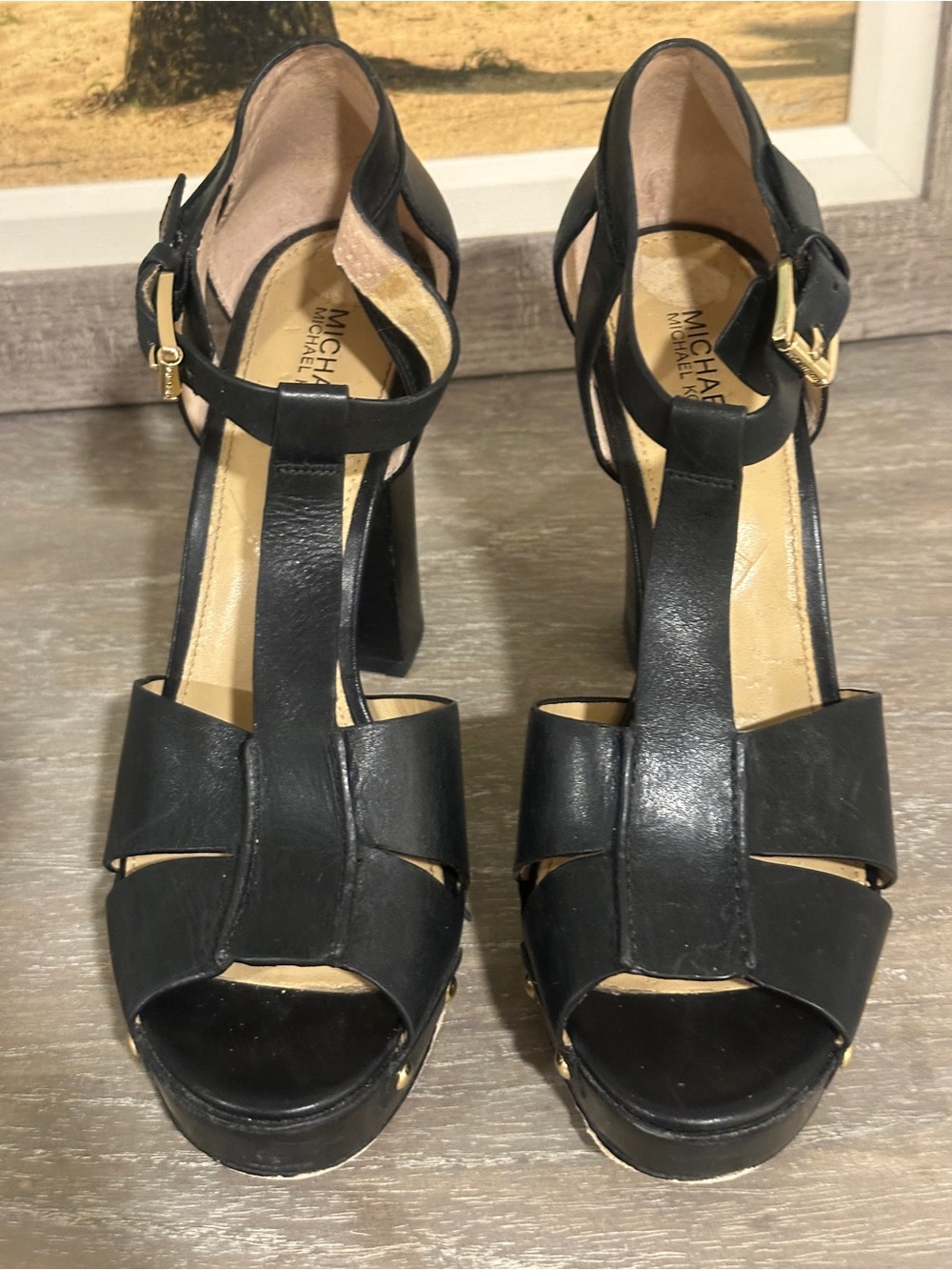Michael Kors Black Leather T-Strap Platform Heels with Gold Buckle